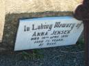 
Anna JENSEN,
died 15 April 1951 aged 75 years;
Kalbar General Cemetery, Boonah Shire
