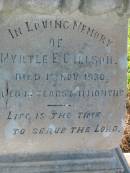 
Myrtke E. GILLSON,
died 1 Nov 1930 aged 18 years 11 months;
Kalbar General Cemetery, Boonah Shire
