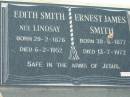 
Edith SMITH nee LINDSAY,
born 29-2-1876 died 6-2-1952;
Ernest James SMITH,
born 30-6-1877 died 13-7-1972;
Kalbar General Cemetery, Boonah Shire
