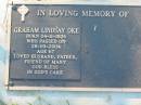 
Graham Lindsay OKE,
born 04-11-1936 died 28-09-2004 aged 67,
husband father;
Kalbar General Cemetery, Boonah Shire
