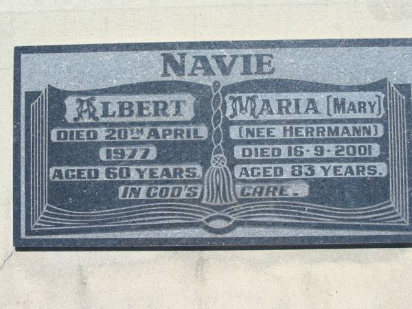 NAVIE;  | Albert, died 20 April 1977 aged 60 years;  | Maria (Mary) nee HERRMANN.  | died 16-9-2001 aged 83 years;  | Kalbar General Cemetery, Boonah Shire  | 