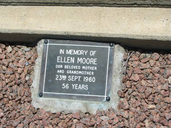 W. MOORE,  | died 1 June 1958 aged 61;  | loved by wife & children Dawn, John and Graham;  | Ellen MOORE, mother grandmother,  | 23 Sept 1960 aged 56 years;  | Kalbar General Cemetery, Boonah Shire  | 