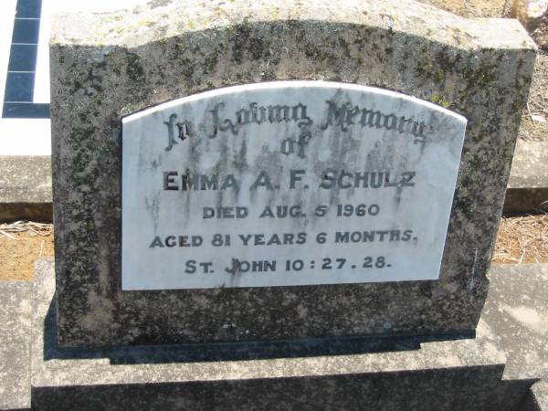 Emma A.F. SCHULZ,  | died 5 Aug 1960 aged 81 years 6 months;  | Kalbar General Cemetery, Boonah Shire  | 