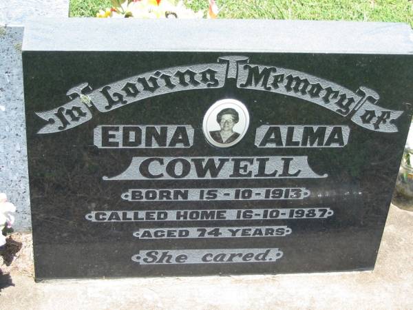 Edna Alma COWELL,  | born 15-10-1913 died 16-10-1987 aged 74 years;  | Kalbar General Cemetery, Boonah Shire  | 