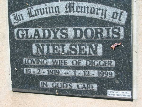 Gladys Doris NIELSEN, wife of Digger,  | 15-2-1919 - 1-12-1999;  | Kalbar General Cemetery, Boonah Shire  | 
