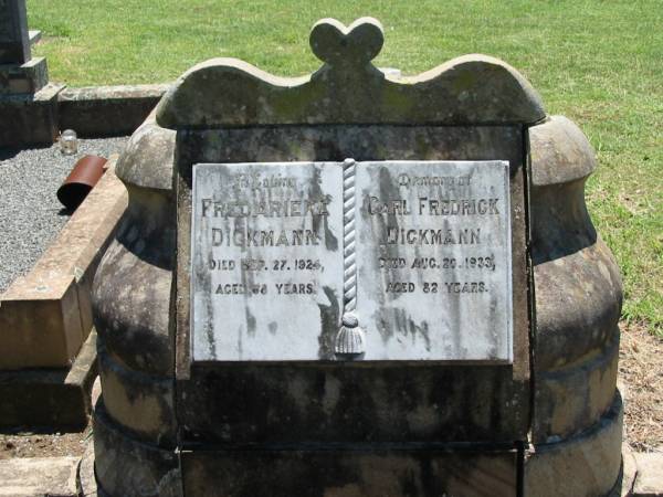 Fredarieke DICKMANN,  | died 27 Sept 1924 aged 68 years;  | Carl Frederick DICKMANN,  | died 20 Aug 1933 aged 82 years;  | Kalbar General Cemetery, Boonah Shire  | 