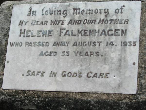 Helene FALKENHAGEN, wife mother,  | died 14 Aug 1935 aged 53 years;  | Kalbar General Cemetery, Boonah Shire  | 