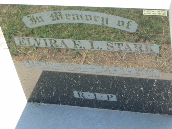 Elvira E.L. STARK,  | 14-10-1904 - 14-1-2001;  | Kalbar General Cemetery, Boonah Shire  | 