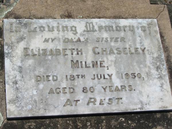 Elizabeth CHASELEY, sister,  | died 18 July 1950 aged 80 years;  | Kalbar General Cemetery, Boonah Shire  | 