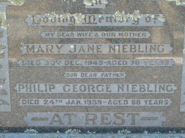 Mary Jane NIEBLING, wife mother,  | died 30 De 1949 aged 76 years;  | Philip George NIEBLING, father,  | died 24 Jan 1958 aged 88 years;  | Kalbar General Cemetery, Boonah Shire  | 