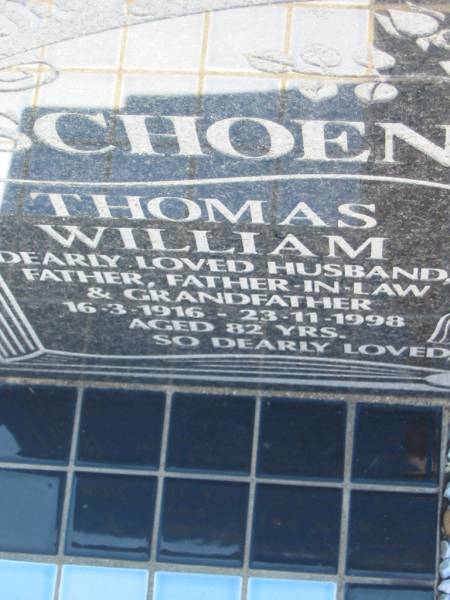 SCHOENKNECHT, Thomas William,  | husband father father-in-law grandfather,  | 16-3-1916 - 23-11-1998 aged 82 years;  | Kalbar General Cemetery, Boonah Shire  | 