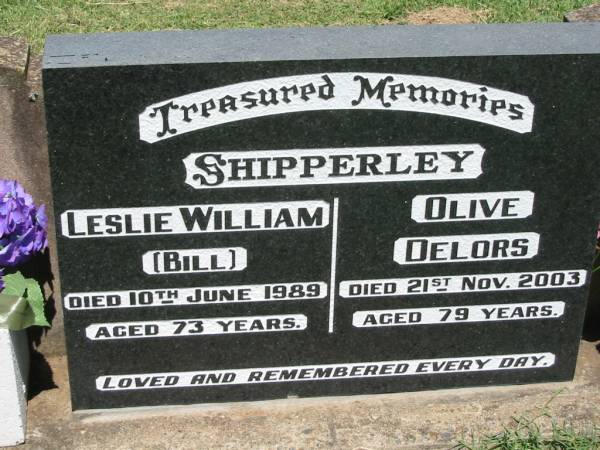 Leslie William (Bill) SHIPPERLEY,  | died 10 June 1989 aged 73 years;  | Olive Delors SHIPPERLEY,  | died 21 Nov 2003 aged 79 years;  | Kalbar General Cemetery, Boonah Shire  | 