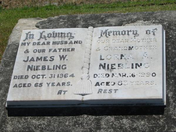 James W. NIEBLING,  | husband father,  | died 31 Oct 1964 aged 65 years;  | Loran A. NIEBLING,  | mother grandmother,  | died 16 Mar 1990 aged 83 years;  | Kalbar General Cemetery, Boonah Shire  | 