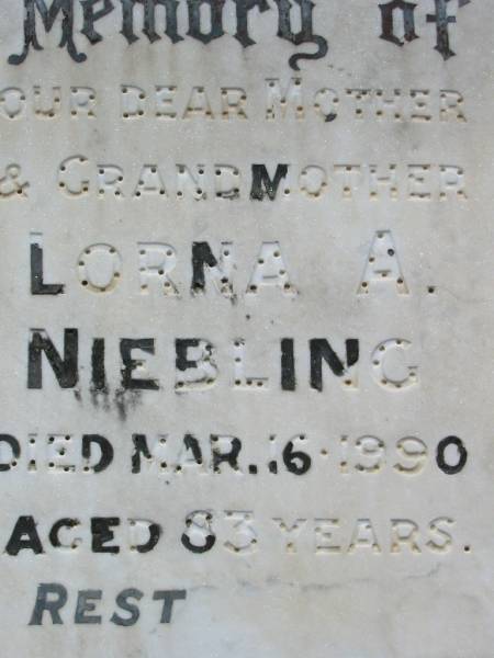 James W. NIEBLING,  | husband father,  | died 31 Oct 1964 aged 65 years;  | Loran A. NIEBLING,  | mother grandmother,  | died 16 Mar 1990 aged 83 years;  | Kalbar General Cemetery, Boonah Shire  | 