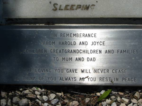 George H. NORWOOD,  | husband father,  | died 10 Mar 1954 aged 68 years;  | Anne NORWOOD, mother,  | died 17 June 1964 aged 71 years;  | remembered by Harold & Joyce;  | Kalbar General Cemetery, Boonah Shire  | 