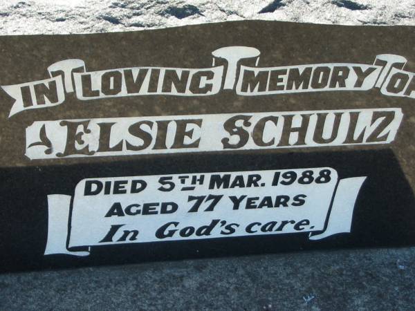 Elsie SCHULZ,  | died 5 Mar 1988 aged 77 years;  | Kalbar General Cemetery, Boonah Shire  | 