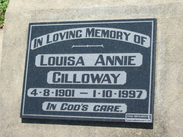 Louisa Annie GILLOWAY,  | 4-8-1901 - 1-10-1997;  | Kalbar General Cemetery, Boonah Shire  | 