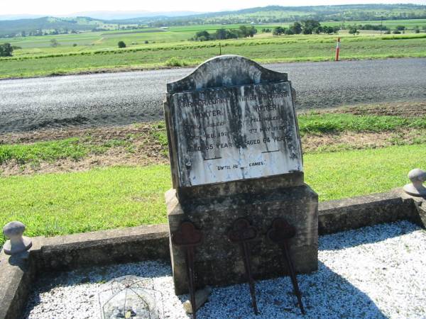 Carl Friedrich WOLTER,  | died 12 Feb 1924 aged 65 years;  | Wilhelmine Augusta WOLTER,  | died 8 May 1926 aged 64 years;  | Kalbar General Cemetery, Boonah Shire  | 