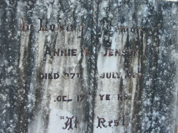 Annie M. JENSEN,  | died 27 July 1929 aged 17 years;  | Kalbar General Cemetery, Boonah Shire  | 