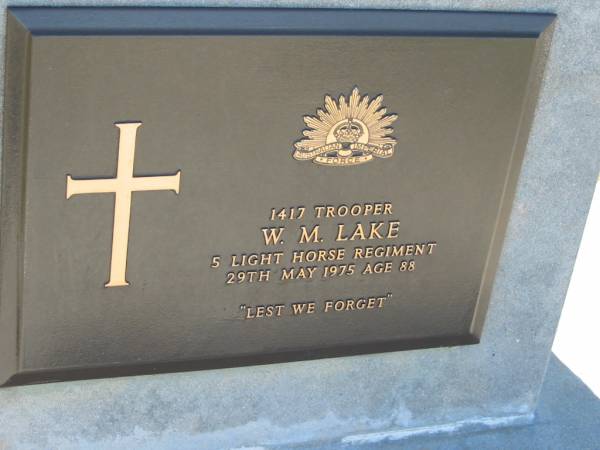 W.M. LAKE,  | 29 May 1976 aged 88;  | Kalbar General Cemetery, Boonah Shire  | 