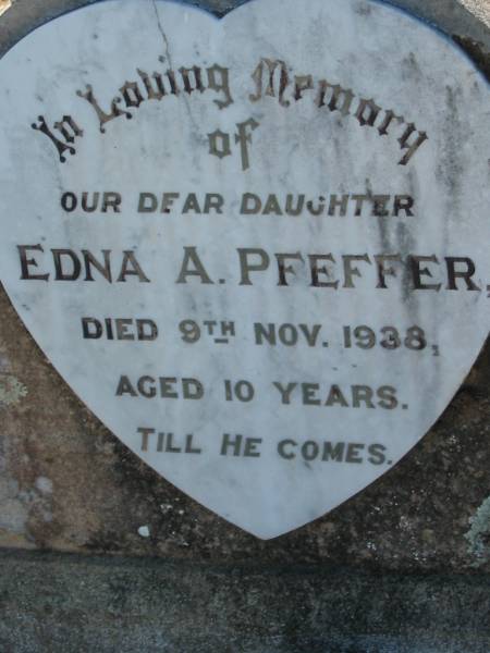 Edna A. PFEFFER, daughter,  | died 9 Nov 1938 aged 10 years;  | Kalbar General Cemetery, Boonah Shire  | 