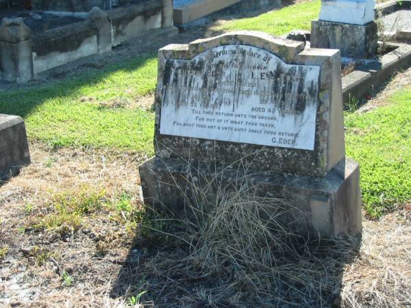 children of G. EDER;  | F. Gustav EDER,  | died Toowoomba Hospital 7-4-37 aged 52 years;  | L. Eva EDER,  | died Boonah Hospital 29-4-37 aged 42 years;  | Kalbar General Cemetery, Boonah Shire  | 