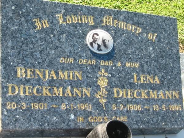 Benjamin DIECKMANN, dad,  | 20-3-1901 - 8-1-1951;  | Lena DIECKMANN, mum,  | 6-2-1906 - 13-5-1995;  | Kalbar General Cemetery, Boonah Shire  | 