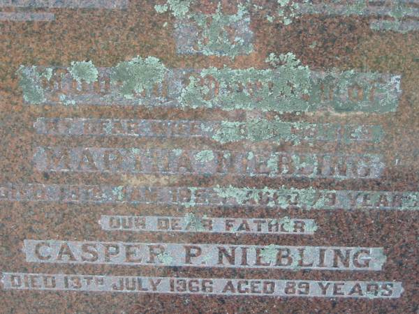 Martha NIEBLING, wife mother,  | died 13 Jan 1952 aged 79 years;  | Casper P. NIEBLING, father,  | died 13 July 1966 aged 89 years;  | Kalbar General Cemetery, Boonah Shire  | 