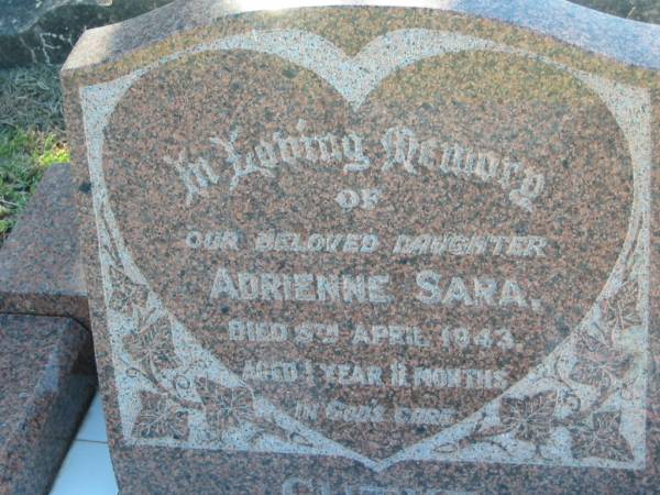 Adrienne Sara GUTKE?, daughter,  | died 5 April 1943 aged 1 year 11 months;  | Kalbar General Cemetery, Boonah Shire  | 