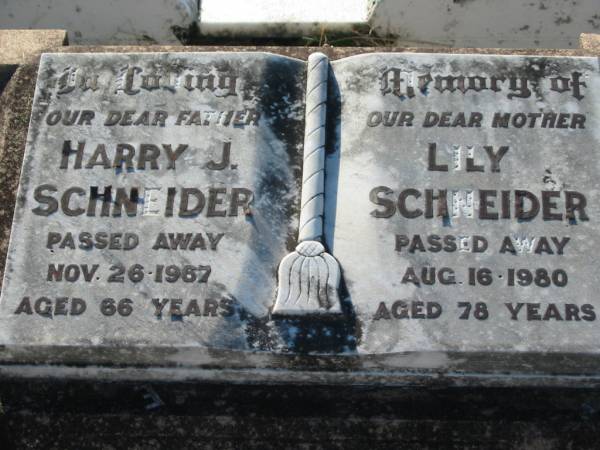 Harry J. SCHNEIDER, father,  | died 26 Nov 1967 aged 66 years;  | Lily SCHNEIDER, mother,  | died 16 Aug 1980 aged 78 years;  | Kalbar General Cemetery, Boonah Shire  | 