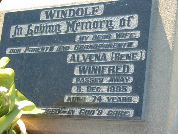 Alvena (Rene) WINDOLF,  | wife parent grandparent,  | died 8 Dec 1995 aged 74 years;  | Kalbar General Cemetery, Boonah Shire  | 