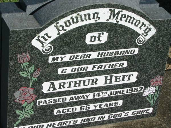 Arthur HEIT, husband father,  | died 14 June 1982 aged 65 years;  | Kalbar General Cemetery, Boonah Shire  | 