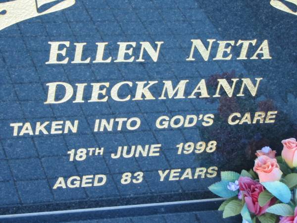 Ellen Neta DIECKMANN,  | died 18 June 1998 aged 83 years;  | Kalbar General Cemetery, Boonah Shire  | 