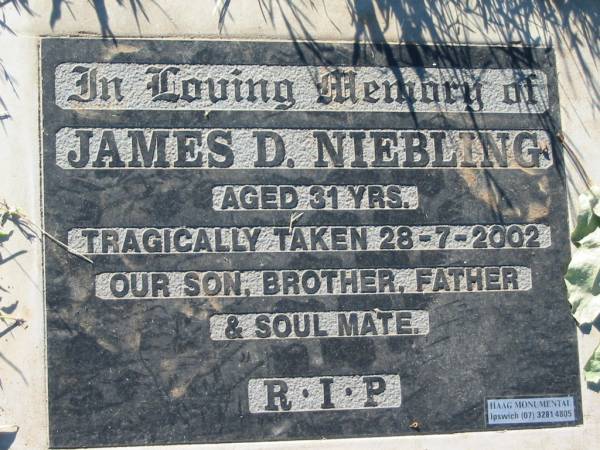 James D. NEIBLING,  | tragically taken 28-7-2002 aged 31 years,  | son brother father soul mate;  | Kalbar General Cemetery, Boonah Shire  | 