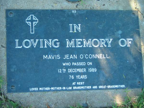 Mavis Jean O'CONNELL,  | died 12 Dec 1989 aged 76 years,  | mother mother-in-law grandmother great-grandmother;  | Kalbar General Cemetery, Boonah Shire  | 
