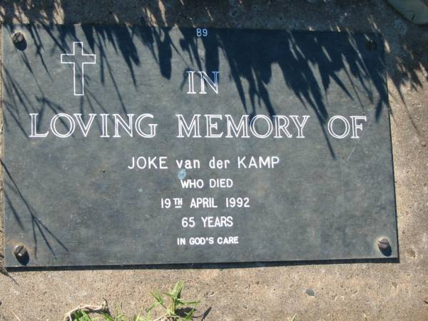 Joke van der KAMP,  | died 19 April 1992 aged 65 years;  | Kalbar General Cemetery, Boonah Shire  | 