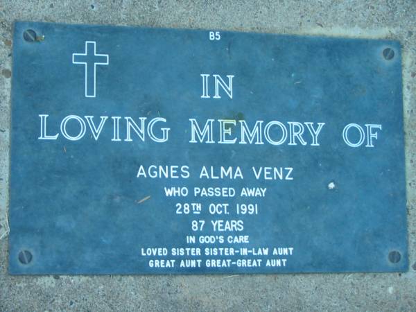 Agnes Alma VENZ,  | died 28 Oct 1991 aged 87 years,  | sister sister-in-law aunt great-aunt  | great-great-aunt;  | Kalbar General Cemetery, Boonah Shire  | 
