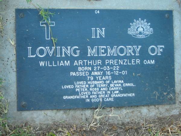William Arthur PRENZLER,  | born 27-03-22 died 16-12-01 aged 79 years,  | husband of Lavina,  | father of Terry, Bevan, Errol, Peter, Ross & Darryl,  | father-in-law grandfather great-grandfather;  | Kalbar General Cemetery, Boonah Shire  | 