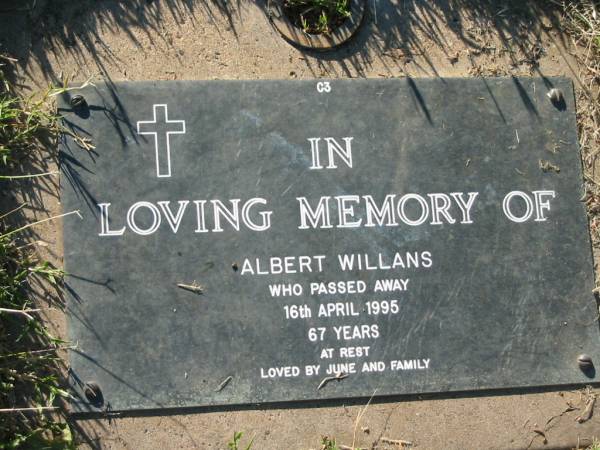 Albert WILLANS,  | died 16 April 1995 aged 67 years,  | loved by June & family;  | Kalbar General Cemetery, Boonah Shire  | 