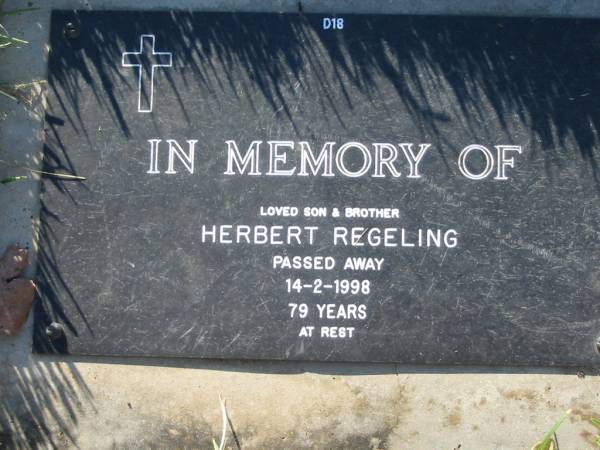 Herbert REGELING,  | died 14-2-1998 aged 79 years;  | Kalbar General Cemetery, Boonah Shire  | 