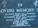 
Lelainie MUIR-COLLINGWOOD
8 years 3 months
Eleanore MUIR-COLLINGWOOD
7 years 1 month
Peter MUIR-COLLINGWOOD
2 years 10 months
died tragically 25 Jan 1993
(children of Mark, Tess and Bob)
St Johns Lutheran Church Cemetery, Kalbar, Boonah Shire

