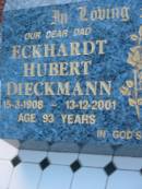 
Eckhardt Hubert DIECKMANN
b: 15 Mar 1908, d: 13 Dec 2001, aged 93
Viola Agnes DIECKMANN
b: 19 Aug 1915, d: 22 Dec 1998, aged 83
St Johns Lutheran Church Cemetery, Kalbar, Boonah Shire


