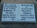 
Heinrich F SCHOLZ
28 Dec 1957, aged 79
Martha SCHOLZ
8 Oct 1964, aged 77

St Johns Lutheran Church Cemetery, Kalbar, Boonah Shire

