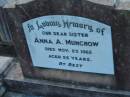 
Anna A MUNCHOW
29 Nov 1962, aged 56

St Johns Lutheran Church Cemetery, Kalbar, Boonah Shire

