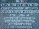 
Maria Emilie Mathilda MUNCHOW
b: 4 Mar 1875, d: 30 Jun 1945, aged 70
Albert Carl MUNCHOW
b: 25 Apr 1865, d: 10 Sep 1949 aged 83

St Johns Lutheran Church Cemetery, Kalbar, Boonah Shire

