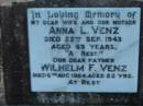 
Anna L VENZ
22 Sep 1943, aged 65
Wilhelm F VENZ
6 Aug 1954 aged 82

St Johns Lutheran Church Cemetery, Kalbar, Boonah Shire

