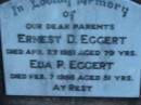 
Ernest D EGGERT
27 Apr 1951 aged 79
Eda P EGGERT
7 Feb 1956 aged 81
St Johns Lutheran Church Cemetery, Kalbar, Boonah Shire

