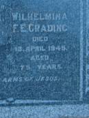 Carl Wm GRADING
geb 6 Nov 1859
gest 13 Sep 1935
Wilhelmina F E GRADING
13 Apr 1945, aged 75
St Johns Lutheran Church Cemetery, Kalbar, Boonah Shire