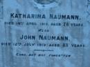 
Katharina NAUMANN
14 Apr 1919, aged 78
John NAUMANN
12 Jul 1919, aged 83
St Johns Lutheran Church Cemetery, Kalbar, Boonah Shire

