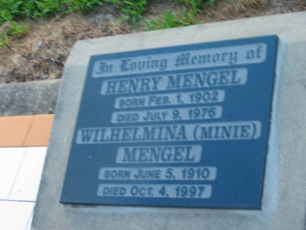Henry MENGEL  | b: 1 Feb 1902, d: 9 Jul 1976  | Wilhelmina (Minie) MENGEL  | b: 5 Jun 1910, d: 4 Oct 1997  | St John's Lutheran Church Cemetery, Kalbar, Boonah Shire  |   | 